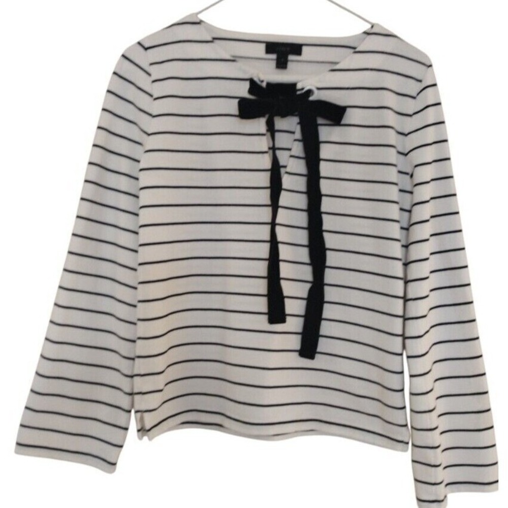 J. Crew Blouse Woman's S Black White Keyhole‎ Striped Top Front Velvet Bow Tie